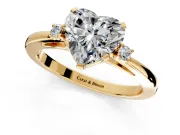 3 Stone Engagement Ring Setting for Heart-Shaped Center with Low-Set Round Cut Accents and Prong Head in Yellow Gold