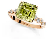 Cluster Engagement Ring Setting for Fancy Yellow Asscher Cut Center with Round Cut Accent Band and Prong Head in Rose Gold