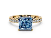 Solitaire Engagement Ring Setting for Fancy Blue Princess Cut Center with Large Accents and Prong Head in Yellow Gold