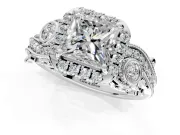 Milgrain Halo Engagement Ring Setting for Princess Cut Center with Shoulder Bezels and Prong Head in Sterling Silver