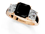 3 Stone Engagement Ring Setting for Fancy Black Asscher Cut Center with Raised Basket Heads and Prong Head in Rose Gold