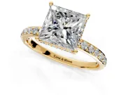 Hidden Halo Engagement Ring Setting for Princess Cut Center with Pave Band and Prong Head in Yellow Gold