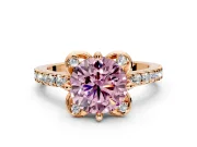 Floral Engagement Ring Setting for Fancy Pink Round Cut Center with Pave Band and Floral Prong Head in Rose Gold