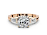 3 Stone Engagement Ring Setting for Cushion Cut Center with Baguette Accents and Prong Head in Rose Gold