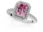 Halo Engagement Ring Setting for Fancy Pink Radiant Cut Center with Inner Milgrain Border and Prong Head in Sterling Silver