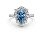 Halo Engagement Ring Setting for Fancy Blue Pear-Shaped Center with Single-Row Pave, Open Basket and Prong Head in Platinum