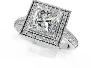 Milgrain Halo Engagement Ring Setting for Princess Cut Center with Three-Sided Pave Band and Prong Head in Platinum