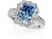 Halo Engagement Ring Setting for Fancy Blue Radiant Cut Center with Milgrain Channel Band and Prong Head in Sterling Silver