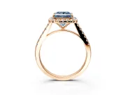 Halo Engagement Ring Setting for Fancy Blue Princess Cut Center with Narrowing Pave Band and Prong Head in Rose Gold