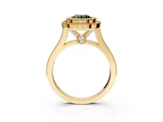 Halo Engagement Ring Setting for Fancy Green Round Cut Center with Milgrain Frame, Pave Band and Prong Head in Yellow Gold