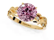 Leaf Engagement Ring Setting for Fancy Pink Round Cut Center with Milgrain Accent Band and Prong Head in Yellow Gold
