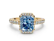Halo Engagement Ring Setting for Fancy Blue Radiant Cut Center with Full Pave Band and Prong Head in Yellow Gold