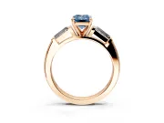 3 Stone Engagement Ring Setting for Fancy Blue Emerald Cut Center with Tapered Baguettes, Plain Band and Prong Head in Rose Gold