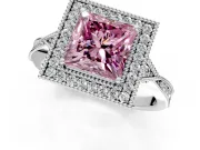 Halo Engagement Ring Setting for Fancy Pink Princess Cut Center with Milgrain Rim, Pave Band and Prong Head in White Gold