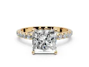 Solitaire Engagement Ring Setting for Princess Cut Center with Micro Pave Band and Prong Head in Yellow Gold