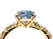 Solitaire Engagement Ring Setting for Fancy Blue Cushion Cut Center with Trailing Leaf Accent Band and Prong Head in Yellow Gold