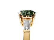 3 Stone Engagement Ring Setting for Fancy Green Round Cut Center with Baguette Accents and Prong Head in Yellow Gold