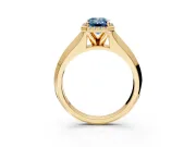 Halo Engagement Ring Setting for Fancy Blue Emerald Cut Center with Knife Ridge Cathedral Band and Prong Head in Yellow Gold