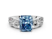 Leaf Engagement Ring Setting for Fancy Blue Radiant Cut Center with Milgrain Accent Band and Prong Head in Platinum