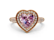 Milgrain Halo Engagement Ring Setting for Fancy Pink Heart-Shaped Center with Three-Sided Pave Band and Prong Head in Rose Gold
