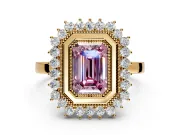 Halo Engagement Ring Setting for Fancy Pink Emerald Cut Center with Milgrain Bezel Rim, Plain Band and Prong Head in Yellow Gold