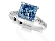 Baguette Engagement Ring Setting for Fancy Blue Princess Cut Center with Alternating Bar-Set Band and Prong Head in Platinum