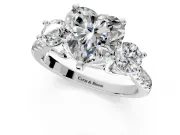 3 Stone Engagement Ring Setting for Heart-Shaped Center with Crossover Basket, Pave Band and Prong Head in Platinum