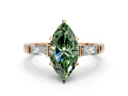 3 Stone Engagement Ring Setting for Fancy Green Marquise Center with Tapered Baguettes, Plain Band and Prong Head in Rose Gold
