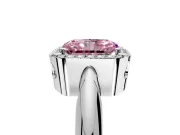 Halo Engagement Ring Setting for Fancy Pink Radiant Cut Center with Tapered Plain Band and Prong Head in Platinum