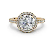 Accent Halo Engagement Ring Setting for Round Cut Center with Full-Length Pave Band and Prong Head in Yellow Gold