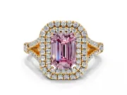 Double Halo Engagement Ring Setting for Fancy Pink Emerald Cut Center with Narrow Pave Split Shank and Prong Head in Yellow Gold