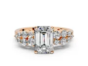Cluster Engagement Ring Setting for Emerald Cut Center with 2-Row Shoulder Clusters and Prong Head in Rose Gold