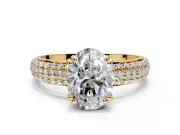 Solitaire Engagement Ring Setting for Oval Center with Multi-Row Pave Accents and Basket Head in Yellow Gold