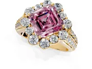 Large Accent Halo Engagement Ring Setting for Fancy Pink Asscher Cut Center with Pave Split Shank and Prong Head in Yellow Gold