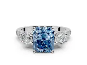 3 Stone Engagement Ring Setting for Fancy Blue Radiant Cut Center with Crossover Basket, Pave Band and Prong Head in Sterling Silver