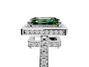 Halo Engagement Ring Setting for Fancy Green Emerald Cut Center with Metal-Rimmed Halo, Pave Band and Prong Head in White Gold