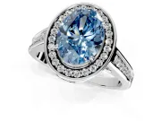 Halo Engagement Ring Setting for Fancy Blue Oval Center with Outer Bezel Rim, Pave Band and Prong Head in Platinum