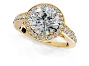 Bezel-Framed Halo Engagement Ring Setting for Round Cut Center with Pave Band and Prong Head in Yellow Gold