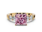 5 Stone Engagement Ring Setting for Fancy Pink Princess Cut Center with Plain Band and Prong Head in Yellow Gold