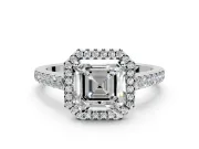 Halo Engagement Ring Setting for Asscher Cut Center with Narrowing Pave Band and Prong Head in Sterling Silver