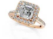 Halo Engagement Ring Setting for Asscher Cut Center with Pave Accents, Heart Basket and Prong Head in Rose Gold