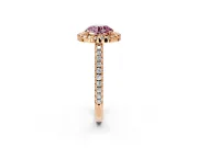 Pave Halo Engagement Ring Setting for Fancy Pink Round Cut Center with Single Row Pave Band and Prong Head in Rose Gold