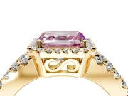 Halo Engagement Ring Setting for Fancy Pink Asscher Cut Center with Wide-Open Pave Split Shank and Prong Head in Yellow Gold