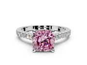 Solitaire Engagement Ring Setting for Fancy Pink Cushion Cut Center with Widening Pave Band and Claw Prong Head in White Gold