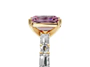 Baguette Engagement Ring Setting for Fancy Pink Emerald Cut Center with Alternating Bar-Set Band and Prong Head in Yellow Gold