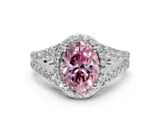 Halo Engagement Ring Setting for Fancy Pink Oval Center with Narrow Pave Split Shank and Prong Head in Platinum