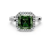 Halo Engagement Ring Setting for Fancy Green Asscher Cut Center with Pave and Plain Twist Band and Prong Head in White Gold
