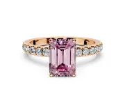 Open Basket Engagement Ring Setting for Fancy Pink Emerald Cut Center with Pave Band and Prong Head in Rose Gold