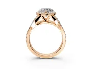 Halo Engagement Ring Setting for Heart-Shaped Center with Narrow Pave Split Shank and Prong Head in Rose Gold