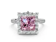 Halo Engagement Ring Setting for Fancy Pink Princess Cut Center with Single-Row Pave, Open Basket and Prong Head in Sterling Silver